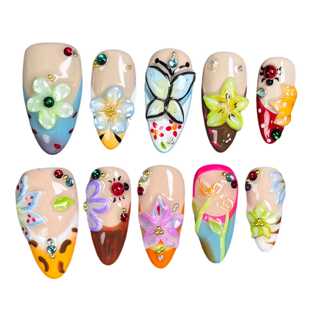 [TK only]Pure handmade Nails 10pcs 3rd flowers almond shape suit for every hot fashion girls