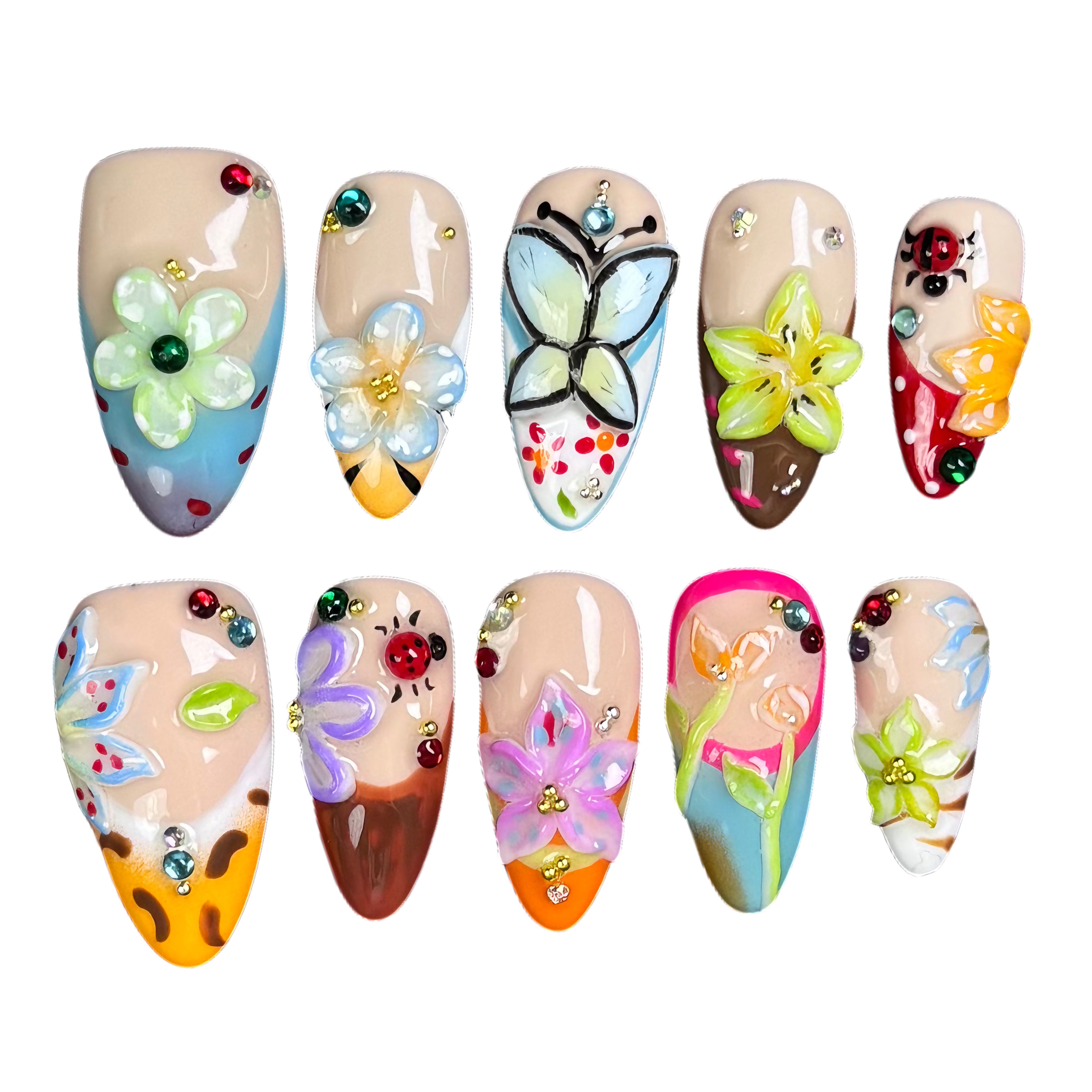 [TK only]Pure handmade Nails 10pcs 3rd flowers almond shape suit for every hot fashion girls