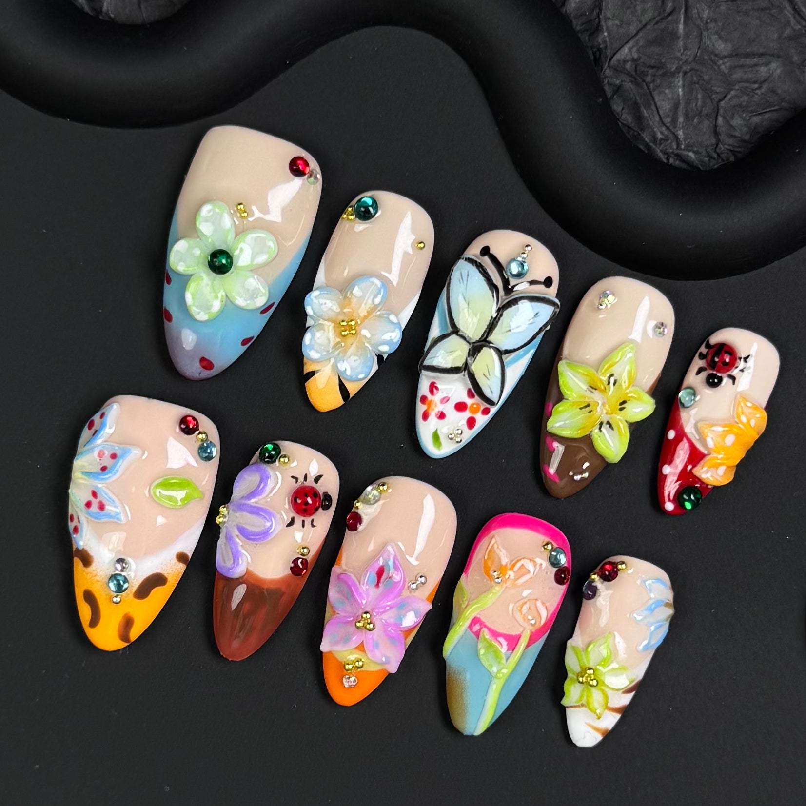 [TK only]Pure handmade Nails 10pcs 3rd flowers almond shape suit for every hot fashion girls