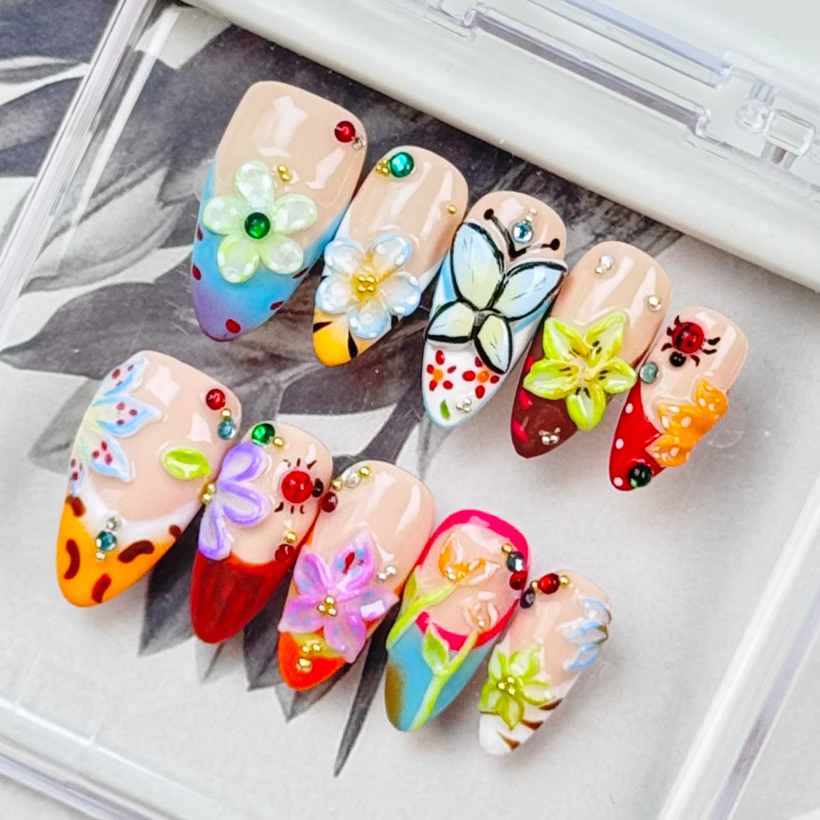 [TK only]Pure handmade Nails 10pcs 3rd flowers almond shape suit for every hot fashion girls